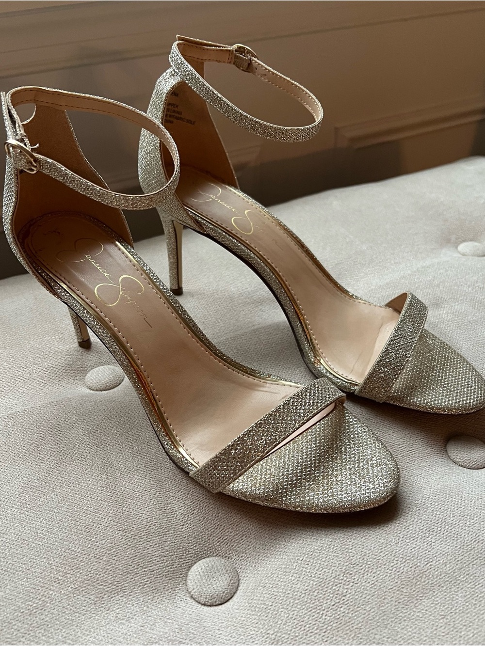 Jessica Simpson Endeema Ankle-Strap Glitter Heel Sandals in Light Gold